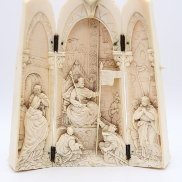 -Flemish 1850 Carved Sculpture Triptych Of Emperor Charlemagne Enthroned