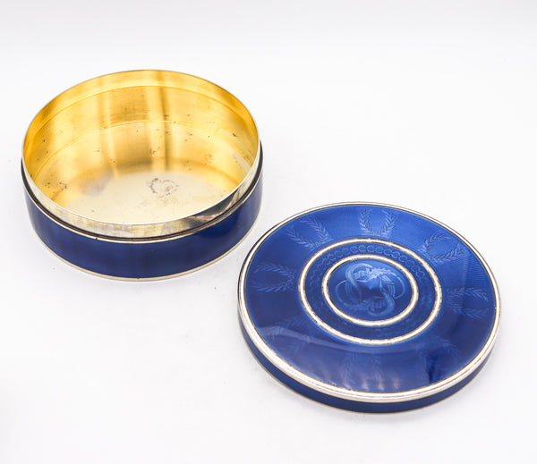 -German Pforzheim 1910 Edwardian Guilloché Blue Enamel Round Box In .935 Sterling