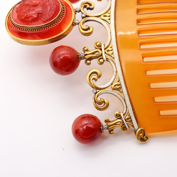 NEOCLASSICAL 1880 Enameled Hair Comb In 18Kt Gold Diamonds & Carved Agates