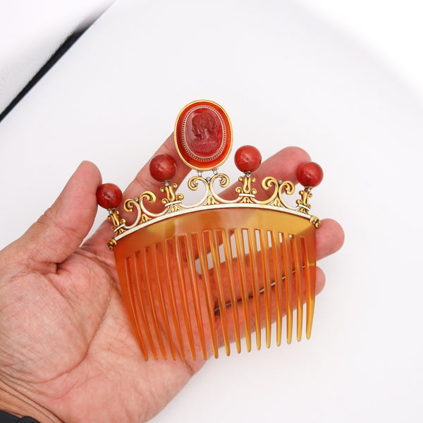 NEOCLASSICAL 1880 Enameled Hair Comb In 18Kt Gold Diamonds & Carved Agates