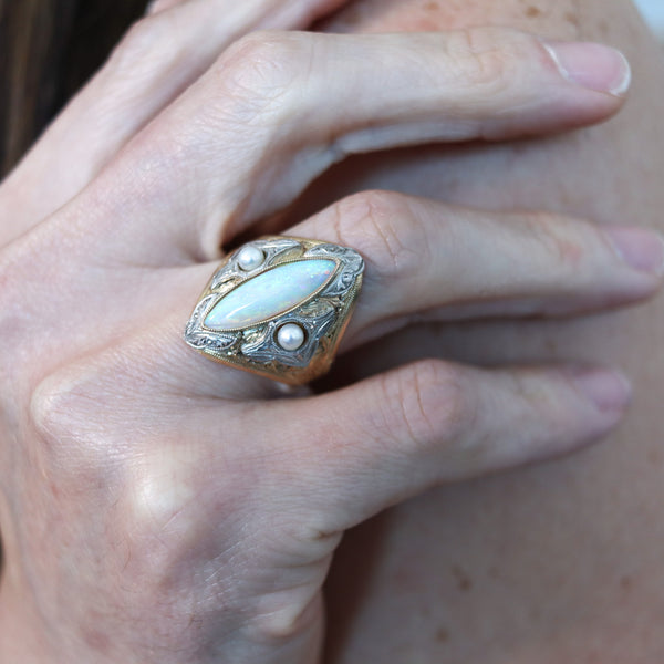 EDWARDIAN 1900 Cocktail Ring In 14Kt Gold Platinum With Opal & Natural Pearls