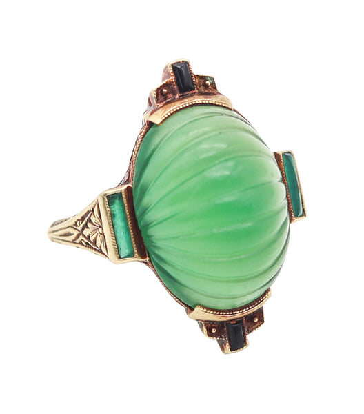 ART-DECO 1920 Cocktail Ring In 18Kt Yellow Gold With Chrysoprase And Onyx