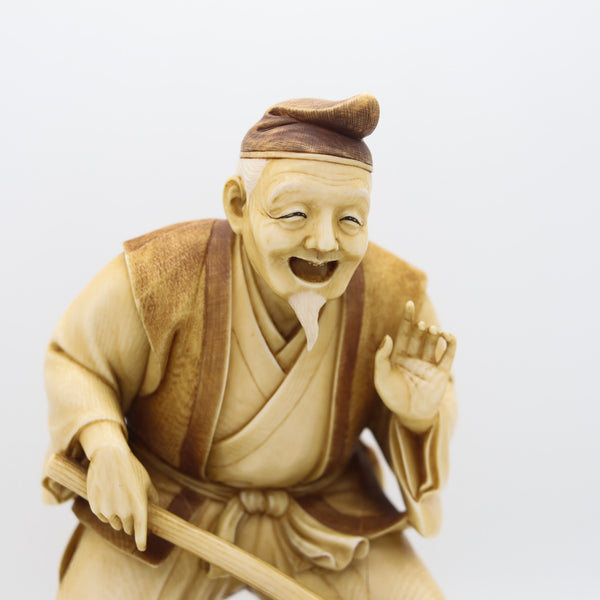 -Japan 1890 Meiji Carved Figure of Fortune God Daikoku As a Farmer With Coins