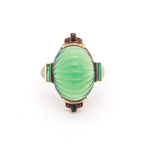 ART-DECO 1920 Cocktail Ring In 18Kt Yellow Gold With Chrysoprase And Onyx