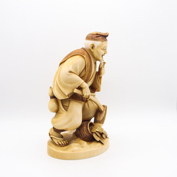 -Japan 1890 Meiji Carved Figure of Fortune God Daikoku As a Farmer With Coins
