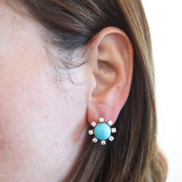 -French 1960 Modernist Earrings In 18Kt Gold With 12.98 Ctw In Diamonds & Turquoises