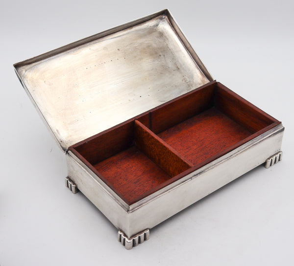 Poole Silver Co 1930 Art Deco Desk Box In .925 Sterling Silver And Cedar Wood