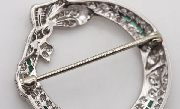 -Bailey Banks & Biddle 1925 Art Deco Brooch Platinum 4.74 Cwt. Diamonds & Emeralds