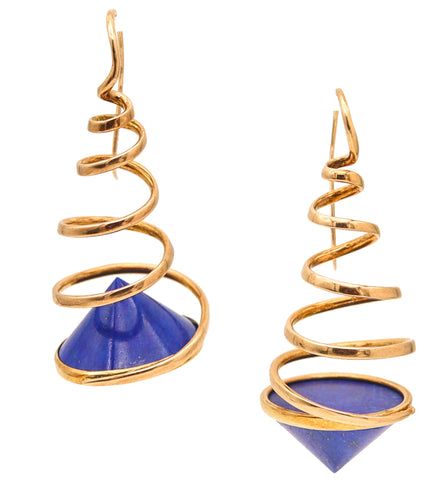 CLETO MUNARI 1980 Memphis Spirals Ear-Drops In 18Kt Gold With Lapis Lazuli