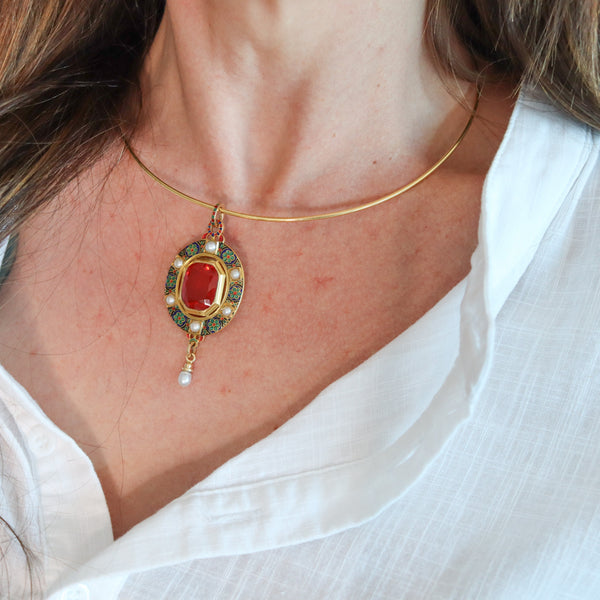 HOLBEINESQUE 1860 Russell Renaissance Revival Pendant 19Kt Gold Pearls & Fire Opal