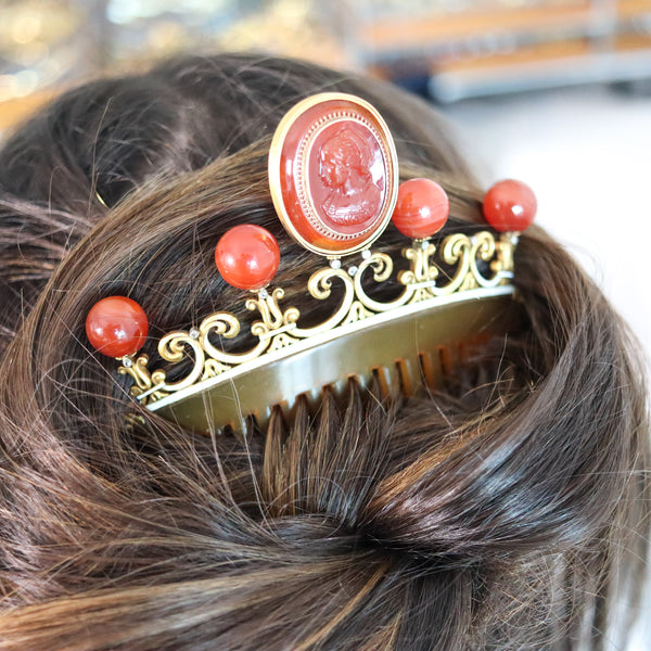 NEOCLASSICAL 1880 Enameled Hair Comb In 18Kt Gold Diamonds & Carved Agates