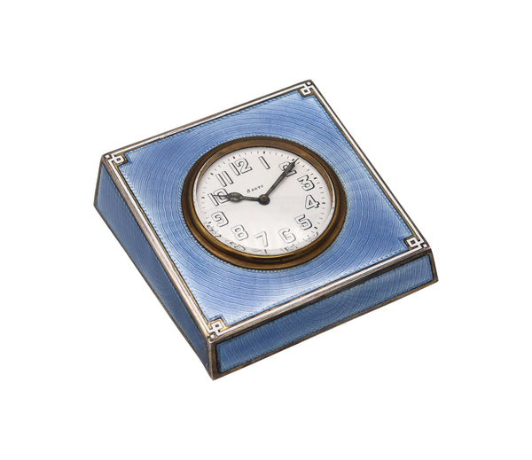 -Swiss 1915 Art Deco Guilloche Blue Enamel Desk Clock In Sterling Silver