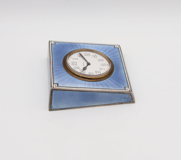 -Swiss 1915 Art Deco Guilloche Blue Enamel Desk Clock In Sterling Silver