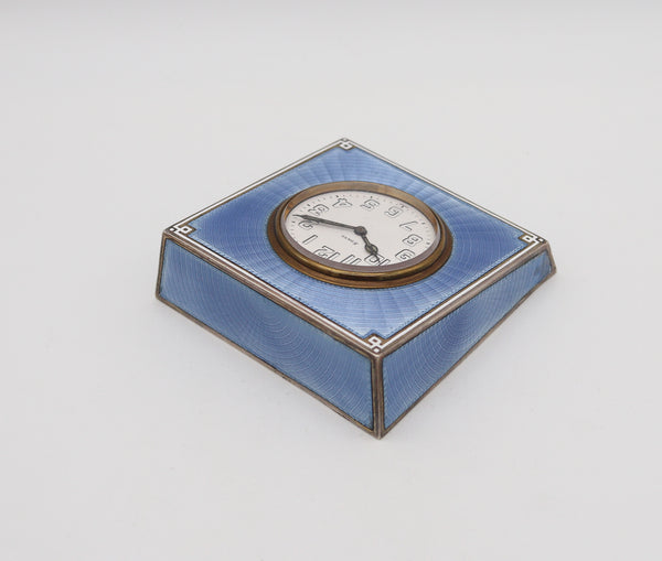 -Swiss 1915 Art Deco Guilloche Blue Enamel Desk Clock In Sterling Silver
