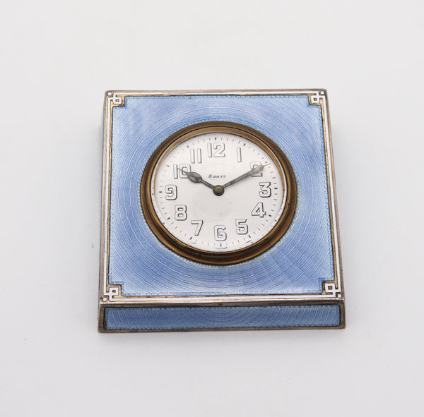 -Swiss 1915 Art Deco Guilloche Blue Enamel Desk Clock In Sterling Silver