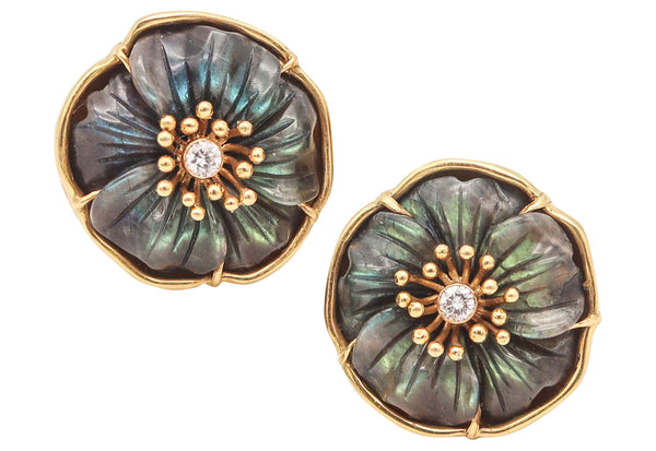 FRENCH 1970 Modernist Earrings In 18Kt Gold With 30.20 Ctw Diamonds & Labradorite