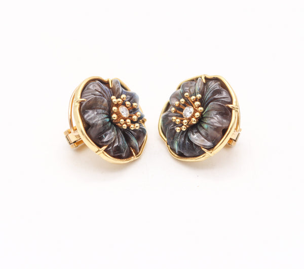 FRENCH 1970 Modernist Earrings In 18Kt Gold With 30.20 Ctw Diamonds & Labradorite