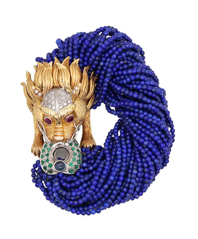 -Chinoiserie Lapis Bracelet In 18Kt Gold With 2.17 Ctw Diamonds Emerald & Ruby