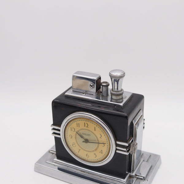 -Ronson 1936 Maltese Art Deco Machine Age Black Clock Touch Tip Lighter