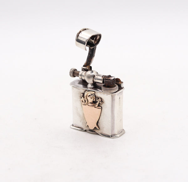 Mexico Taxco 1940 Unique Lift Arm Petrol Lighter In Solid 925 Sterling And Gold