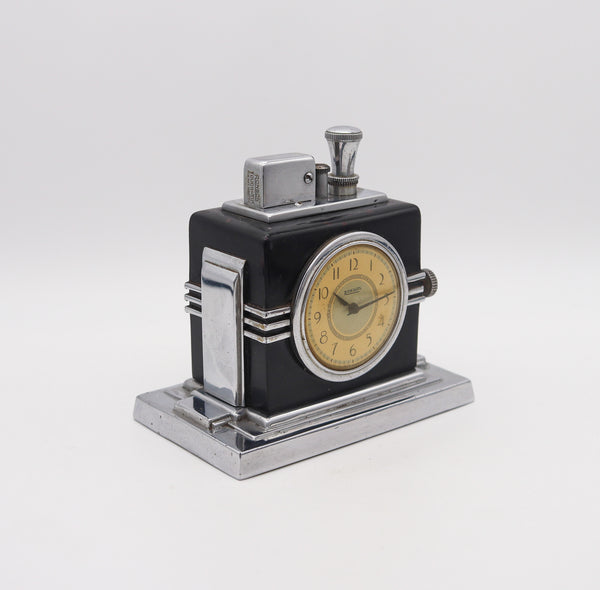 -Ronson 1936 Maltese Art Deco Machine Age Black Clock Touch Tip Lighter