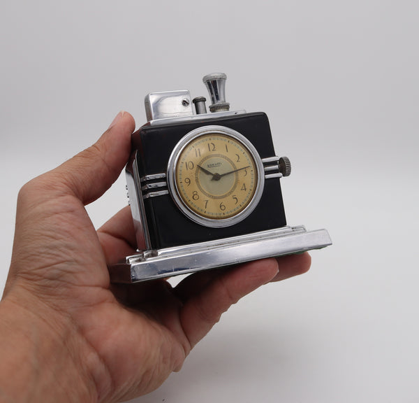-Ronson 1936 Maltese Art Deco Machine Age Black Clock Touch Tip Lighter