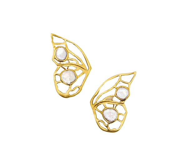 -Dorota Butterfly Clips-On Earrings In Solid 18Kt Yellow Gold With Pearls