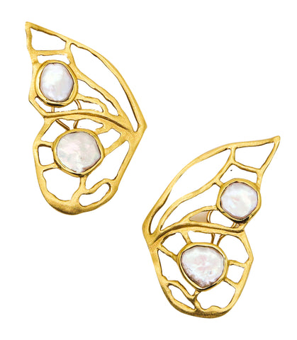 -Dorota Butterfly Clips-On Earrings In Solid 18Kt Yellow Gold With Pearls