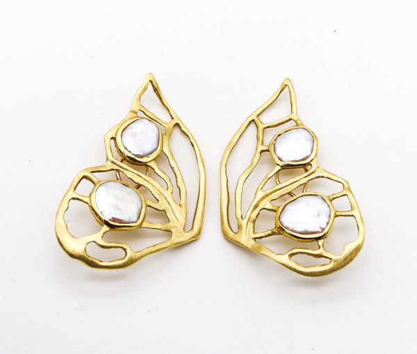 -Dorota Butterfly Clips-On Earrings In Solid 18Kt Yellow Gold With Pearls