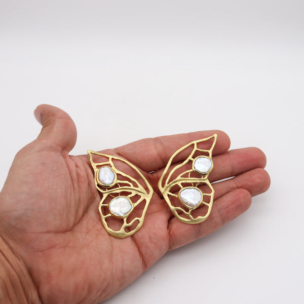 -Dorota Butterfly Clips-On Earrings In Solid 18Kt Yellow Gold With Pearls