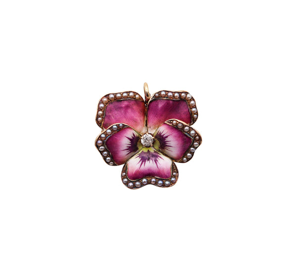 -Crane & Theurer 1900 Art Nouveau Enamel Pansy Pendant Brooch In 14Kt Gold With Diamond And Pearls