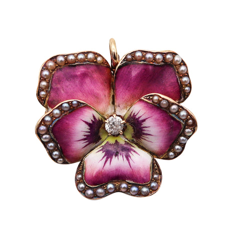 -Crane & Theurer 1900 Art Nouveau Enamel Pansy Pendant Brooch In 14Kt Gold With Diamond And Pearls