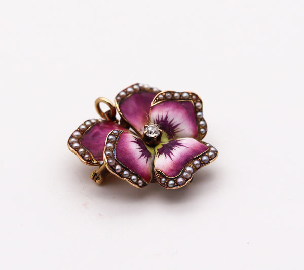 -Crane & Theurer 1900 Art Nouveau Enamel Pansy Pendant Brooch In 14Kt Gold With Diamond And Pearls