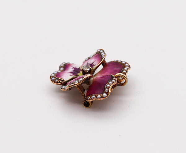 -Crane & Theurer 1900 Art Nouveau Enamel Pansy Pendant Brooch In 14Kt Gold With Diamond And Pearls