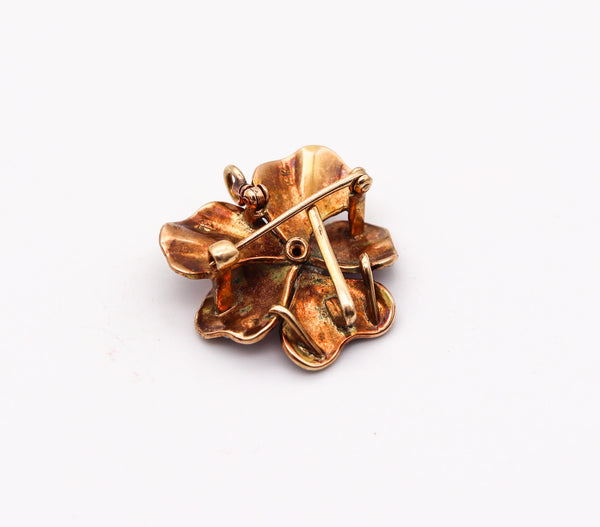 -Crane & Theurer 1900 Art Nouveau Enamel Pansy Pendant Brooch In 14Kt Gold With Diamond And Pearls