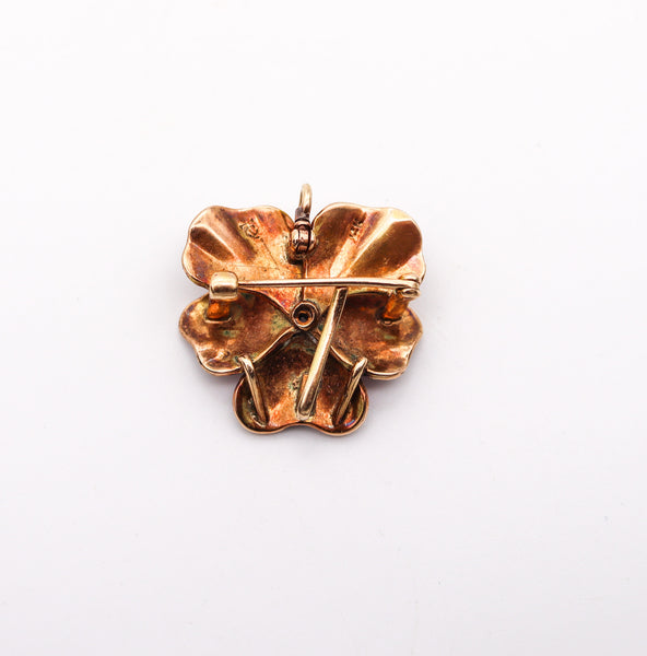 -Crane & Theurer 1900 Art Nouveau Enamel Pansy Pendant Brooch In 14Kt Gold With Diamond And Pearls