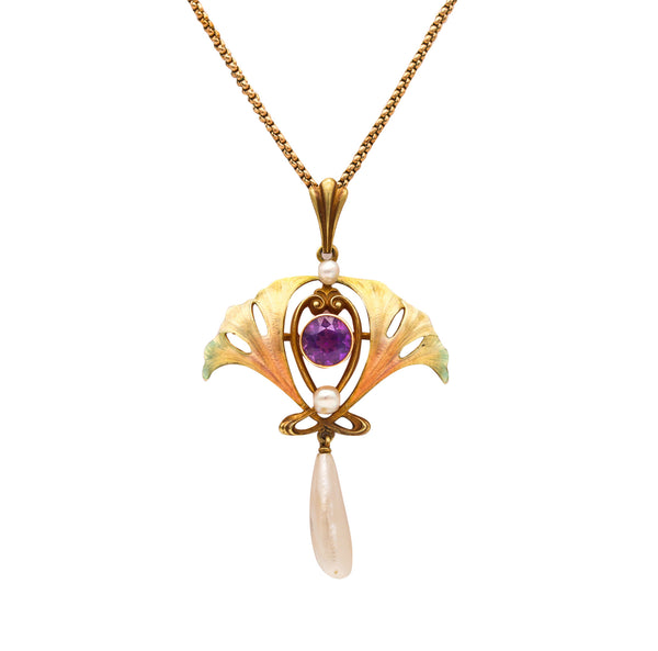 -Henry Blank & Co. 1900 Art Nouveau Enameled Necklace In 14Kt Gold With Pearls