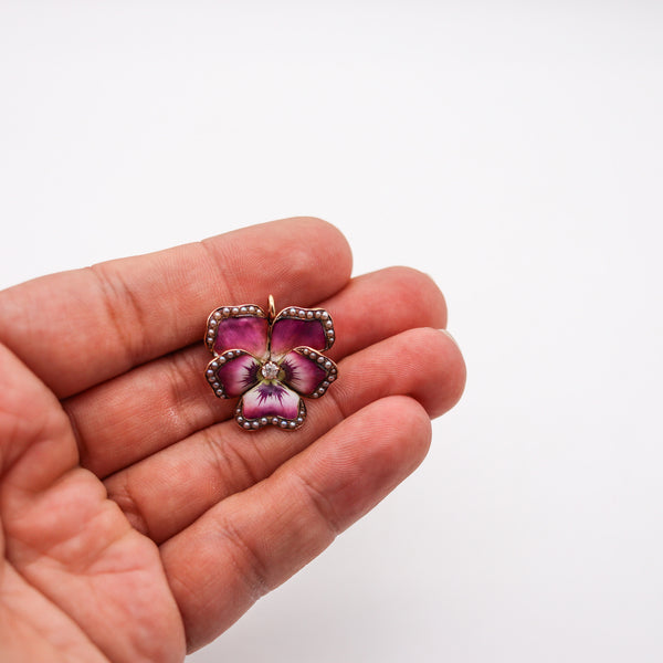 -Crane & Theurer 1900 Art Nouveau Enamel Pansy Pendant Brooch In 14Kt Gold With Diamond And Pearls