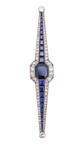 French 1930 Art Deco Brooch In Platinum With 12.83 Ctw Diamond And Sapphires