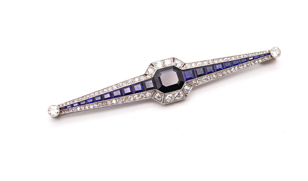 French 1930 Art Deco Brooch In Platinum With 12.83 Ctw Diamond And Sapphires