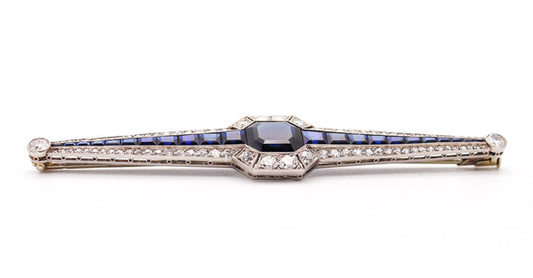 French 1930 Art Deco Brooch In Platinum With 12.83 Ctw Diamond And Sapphires