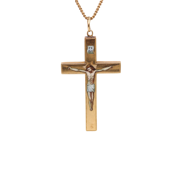 -Byzantine Revival 1850 Enameled Peinture sur émail Cross In 18Kt Yellow Gold