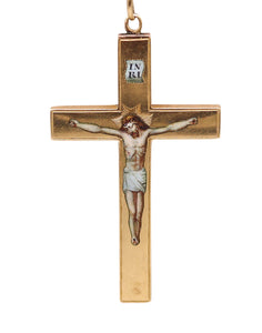 -Byzantine Revival 1850 Enameled Peinture sur émail Cross In 18Kt Yellow Gold