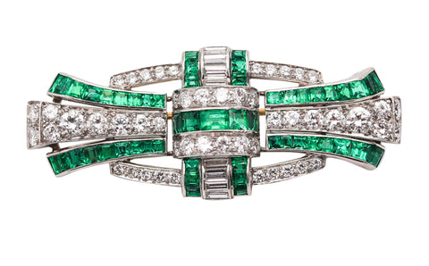 TIFFANY & CO By Oscar Heyman Deco Brooch Platinum 8.62 Ctw Diamonds & Emeralds