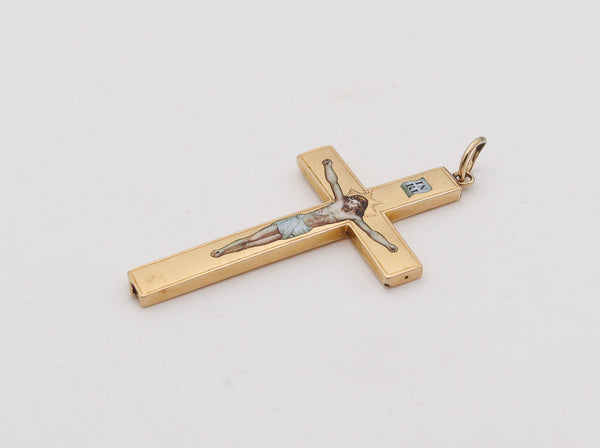 -Byzantine Revival 1850 Enameled Peinture sur émail Cross In 18Kt Yellow Gold