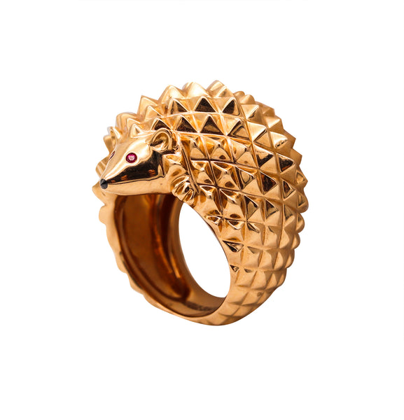 -Boucheron Paris Textured Porcupine Ring In 18Kt Yellow Gold With Two Rubies