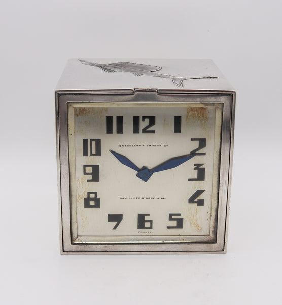 Van Cleef Arpels Paris 1932 Art Deco Mechanical Desk Clock Box In Sterling Silver