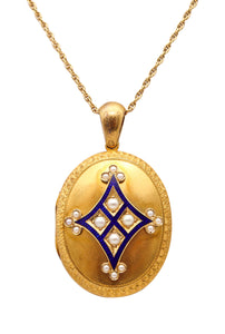 VICTORIAN 1890 Blue Enameled Locket Necklace In 18Kt Yellow Gold And White pearls