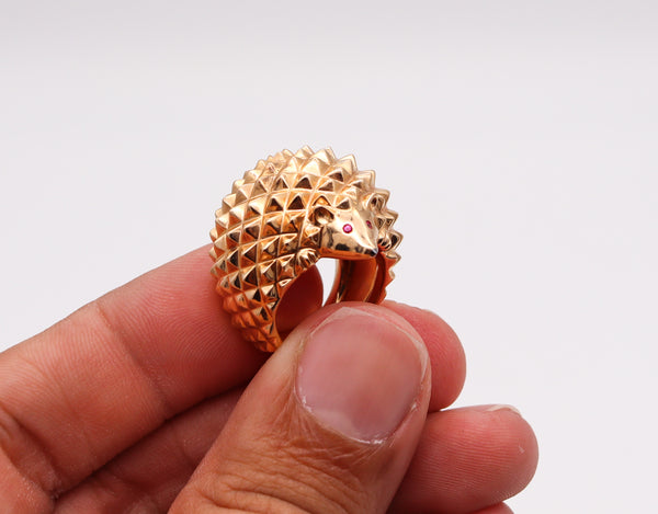 -Boucheron Paris Textured Porcupine Ring In 18Kt Yellow Gold With Two Rubies