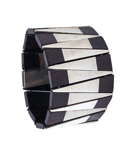 -Los Castillo Taxco Mexico 1930 Art Deco Modernist Bracelet In Ebony Wood And Silver